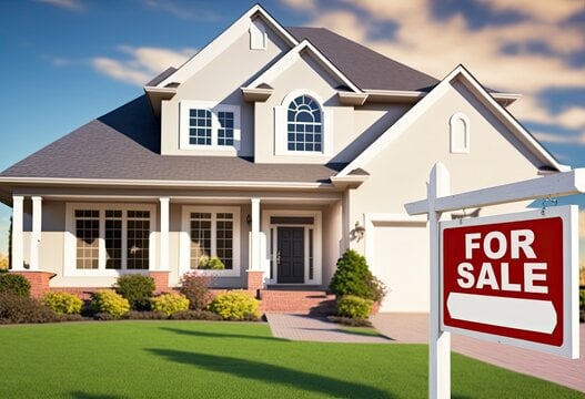 Two-story white house with &ldquo;For Sale&rdquo; sign