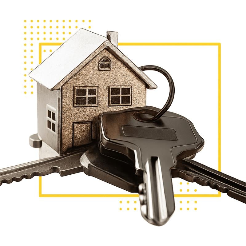 Metal house keychain with yellow pattern