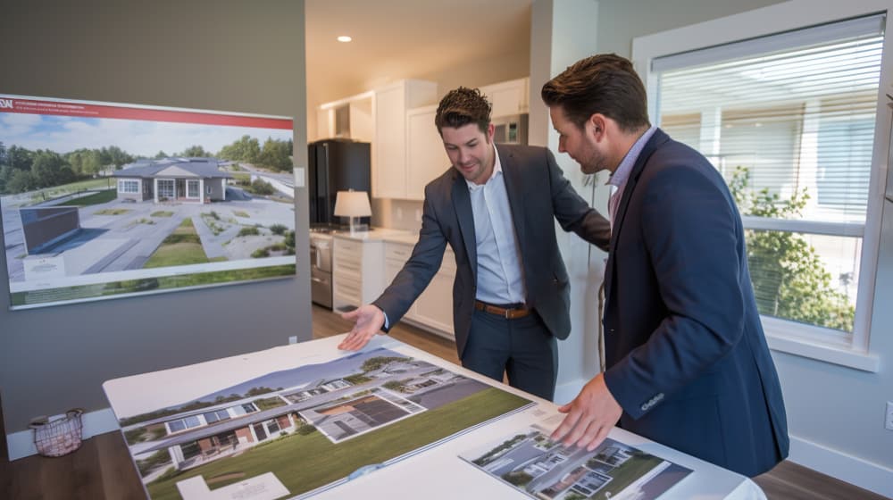 Two men in business attire discussing home renovation plans over architectural blueprints in a modern kitchen setting, highlighting real estate strategies for maximizing property value.