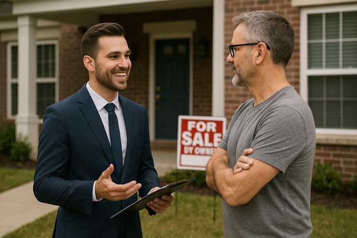 Real estate agent in suit discussing home sale with potential buyer in front of house, 'For Sale by Owner' sign visible, emphasizing real estate negotiations and referral systems.
