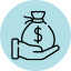 Hand holding money bag in blue circle